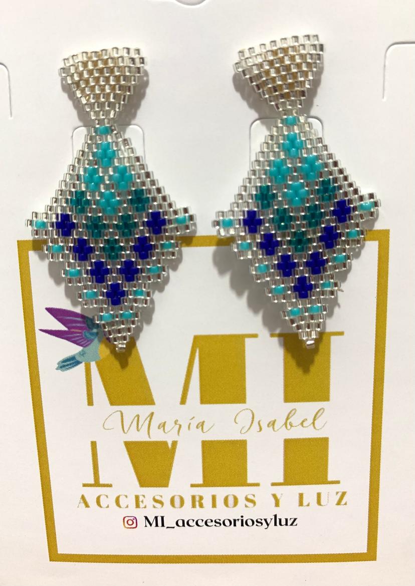 Aretes rombos azul y plateado